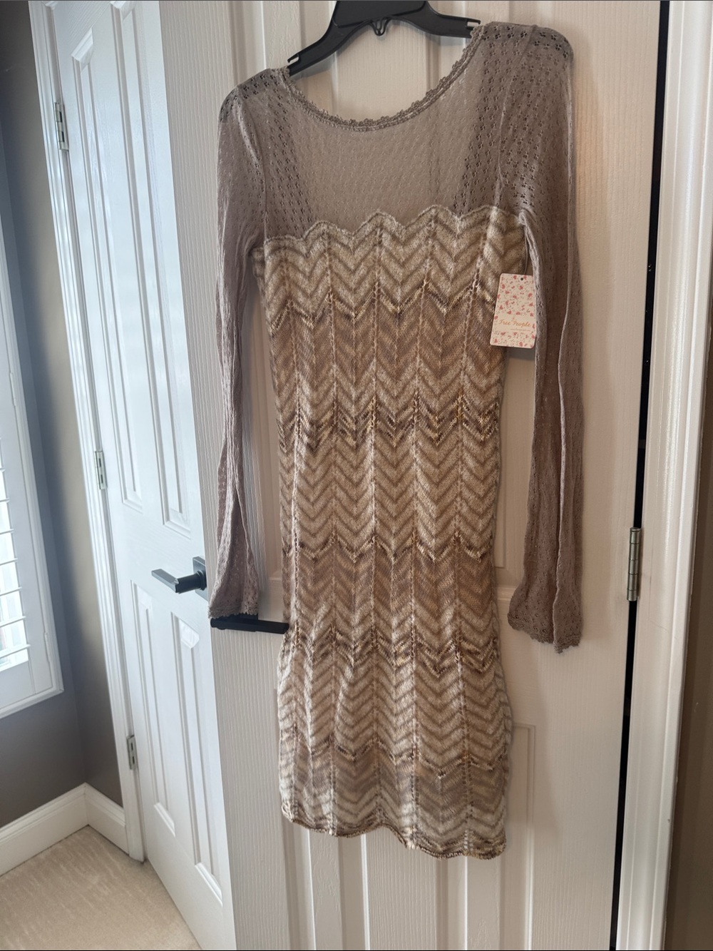 NWT Free People Long-Sleeve Chevron Sweater Dress in Taupe and Cream
